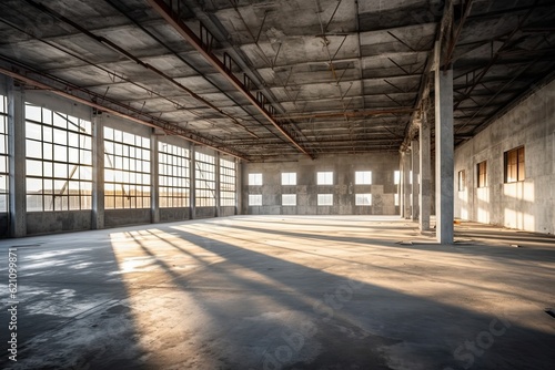 Unoccupied industrial building with cement floors and precast concrete ribbed beams.