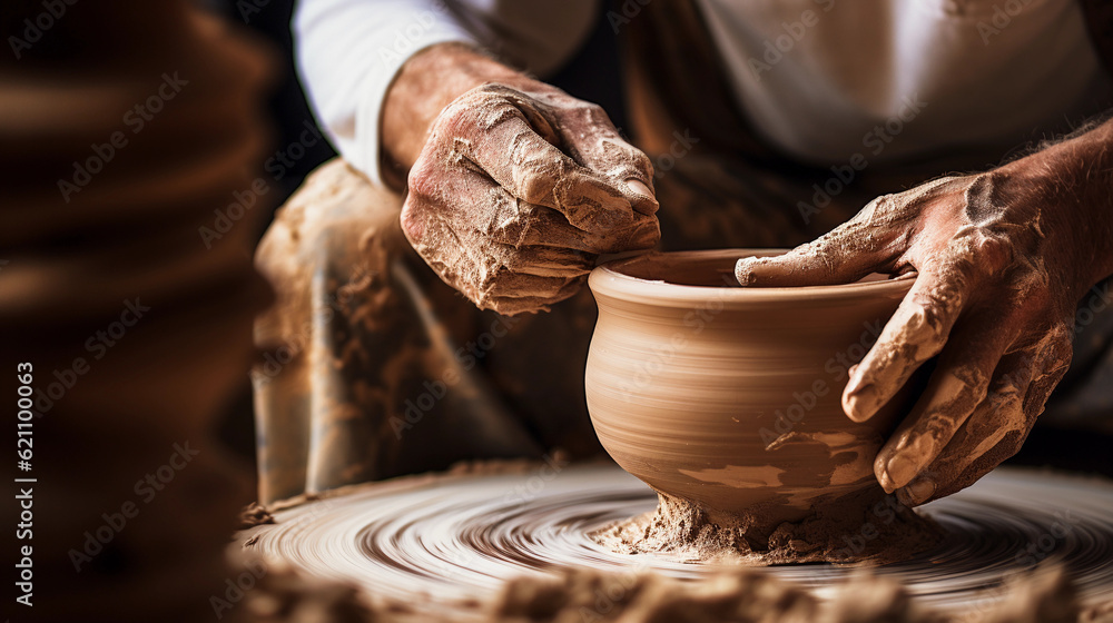 Photo of a pottery wheel in action, hands shaping clay, creative process, the making of a ceramic vase, earthy ambiance, flying clay particles - obrazy, fototapety, plakaty 