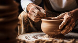 Photo of a pottery wheel in action, hands shaping clay, creative process, the making of a ceramic vase, earthy ambiance, flying clay particles