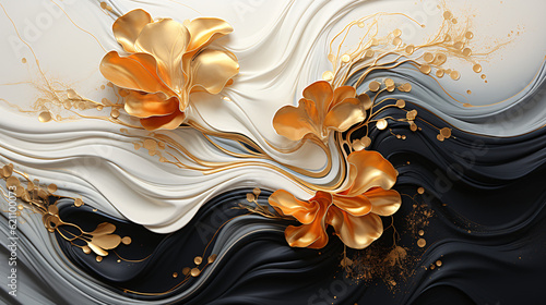Enchanting Symmetry: Abstract and Intricate Line Art Blooms Against a Captivating Background, Creating a Mesmerizing Backdrop of Colors, Silver, Gold, and Black-White, Fit for Wallpaper, Generative AI