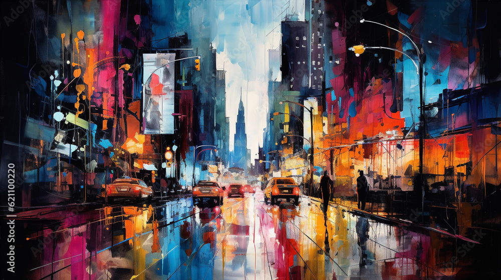 Fototapeta premium Abstract, vibrant, watercolor painting of a bustling cityscape, splashes of neon color, detailed textures, expressionistic style, night setting with glowing lights, on high