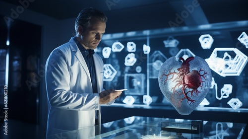 A young scientist in a white lab coat, surrounded by high - tech screens showing DNA structures, holding a glowing, 3D - printed heart mode
