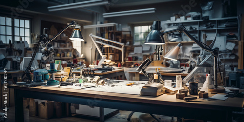  An inventor's workshop, filled with blueprints, prototype gadgets, 3D printer creating a robotic arm, tungsten light bulbs illuminating the room