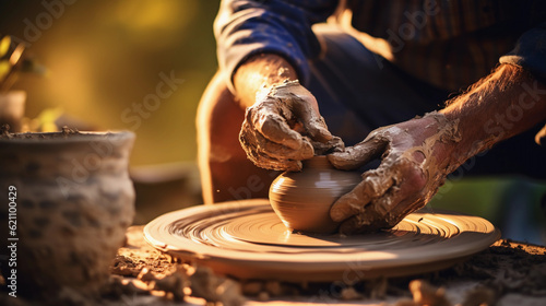 Photo of a pottery wheel in action, hands shaping clay, creative process, the making of a ceramic vase, earthy ambiance, flying clay particles