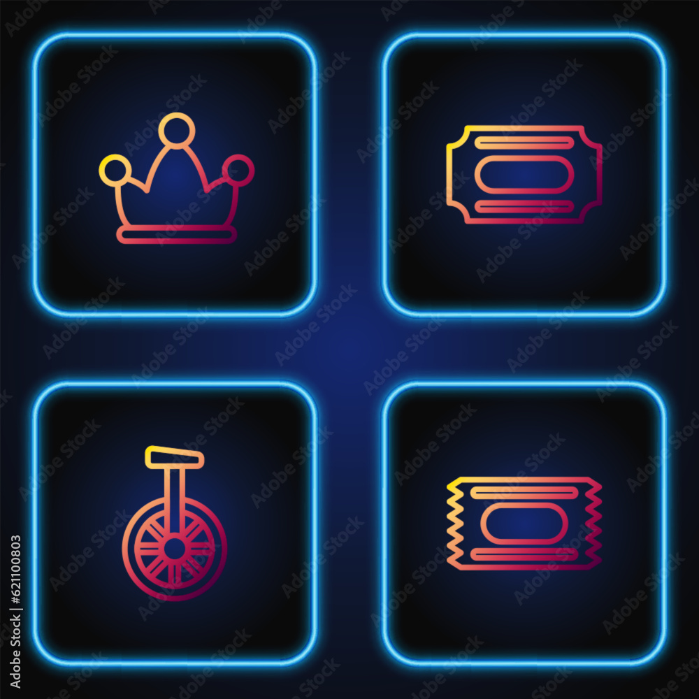 Set line Circus ticket, Unicycle or one wheel bicycle, Jester hat with bells and . Gradient color icons. Vector Set line Circus ticket, Unicycle or one wheel bicycle, Jester hat with bells and . Gradient color icons. Vector