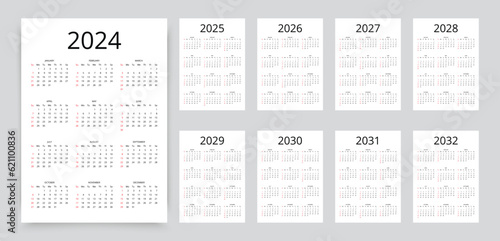 2024, 2025, 2026, 2027, 2028, 2029, 2030, 2031, 2032 years calendar. Week starts Sunday. Simple calender template. Desk planner layout with 12 months. Yearly diary. Organizer in English. Vector illust
