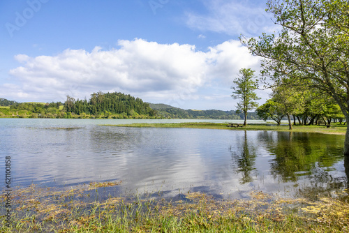 Beautiful Landscape view of Lake of Furnas " Lagoa das Furnas ", a volcanic lagoon in Furnas, island of São Miguel in the Azores.