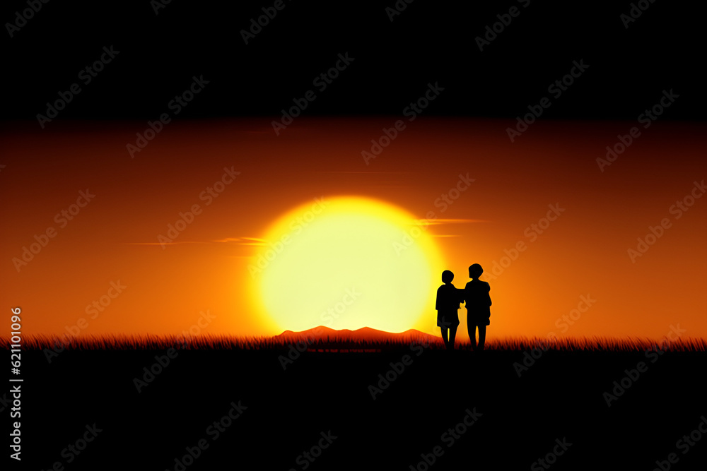 wallpaper of a rising sun, Silhouette of a couple in front. generative ai