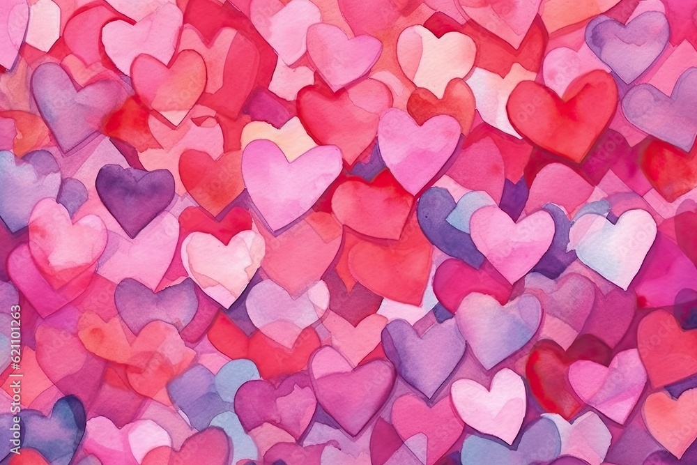 watercolor painting of an abstract backdrop with red and pink hearts. greeting card with a sentimental Valentines Day theme that expresses unwavering love