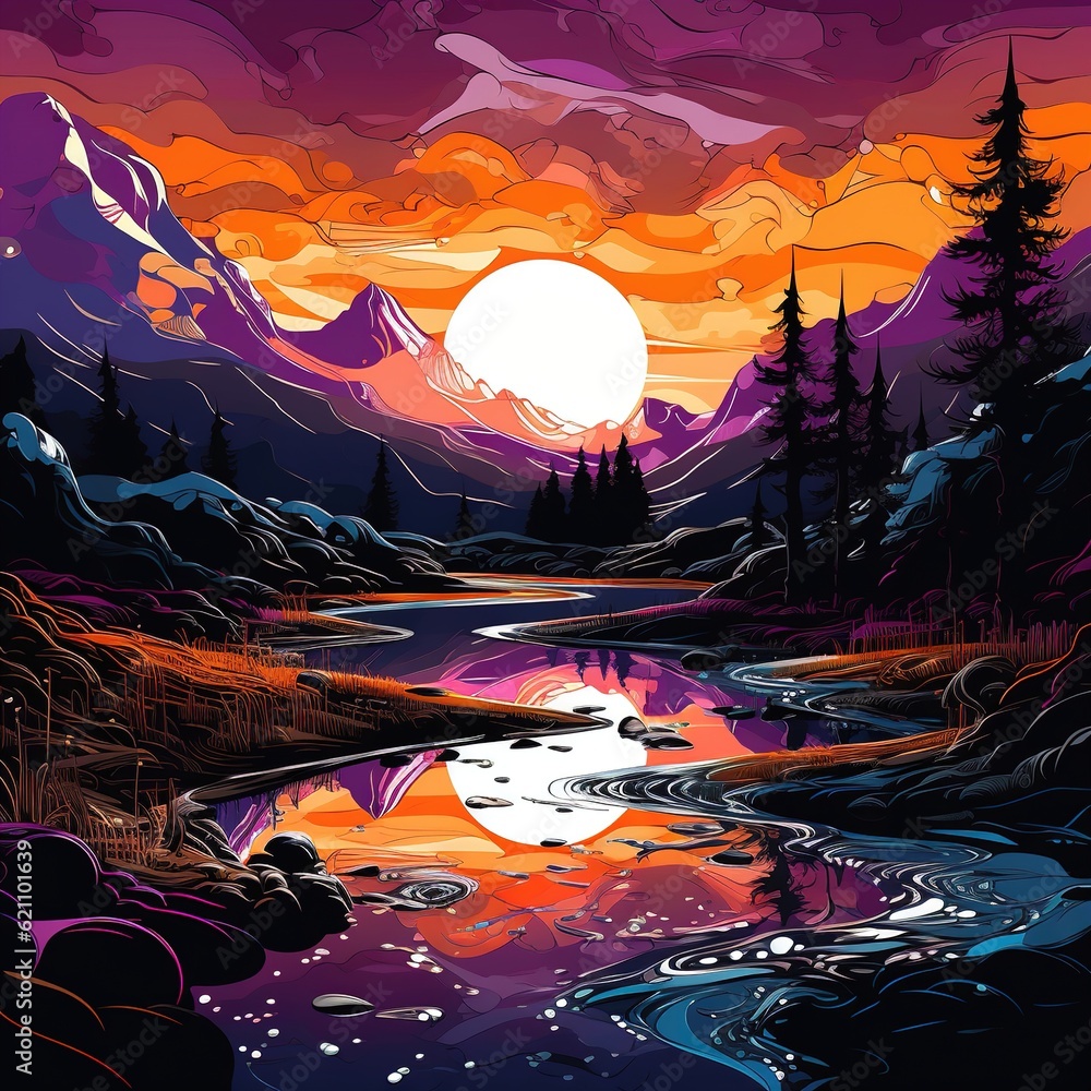 Awe-Inspiring Sunset Scenery Majestic Mountains, Vibrant Flowers, River, and the Painted Sky