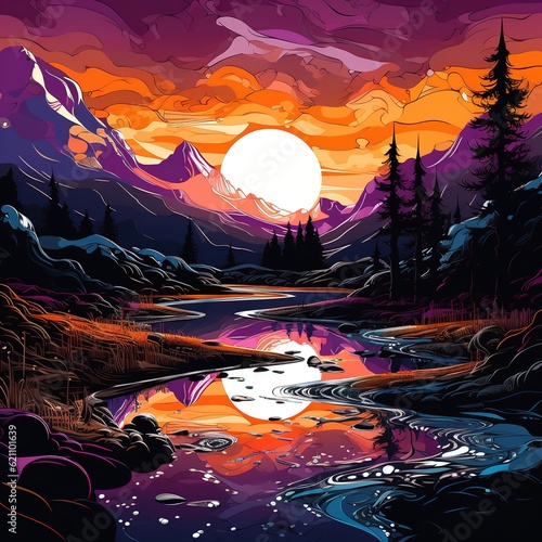 Awe-Inspiring Sunset Scenery Majestic Mountains, Vibrant Flowers, River, and the Painted Sky