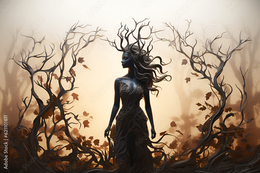 nature in the form of a woman, a pattern of leaves and branches. Autumn mood. AI generated