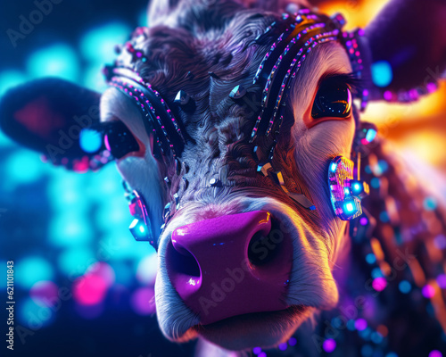 Close-up of a cow's face adorned with colorful beads.