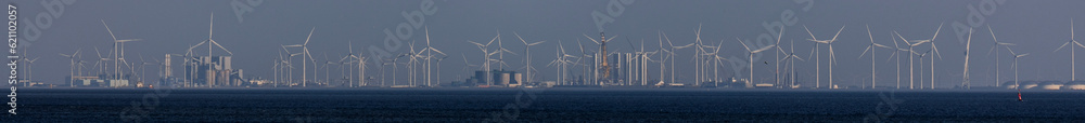 a modern offshore wind park and industrial panorama at sea a modern offshore wind park and industrial panorama at sea
