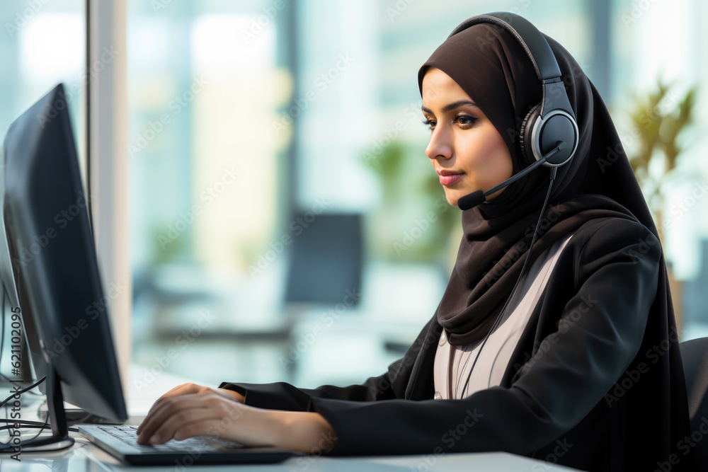 Woman wearing hijab working customer support, call center customer service, modern office, saudi, middle east Woman wearing hijab working customer support, call center customer service, modern office, saudi, middle east