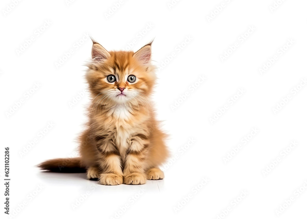 Kitten, red color, sits on a white background, beautiful, thoroughbred, copied space, space for product, space for text. Close-up portrait.