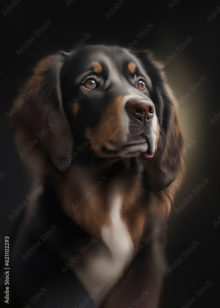 Close-up portrait of a dog on a dark background. Close-up portrait of a dog on a dark background.