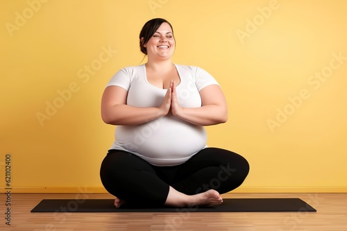 A fat woman is doing yoga in the studio. Generative AI