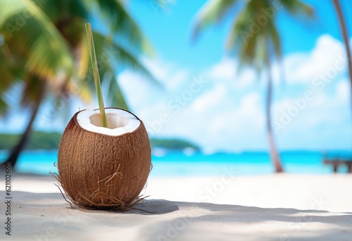 Coconut cocktail on ocean tropical beach