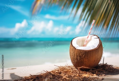 Coconut cocktail on ocean tropical beach