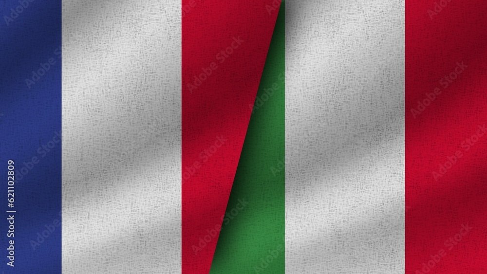 Italy and France Realistic Two Flags Together, 3D Illustration