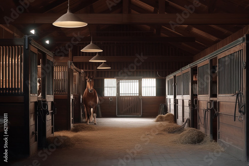 A stable with well-groomed horses. Generative AI. photo