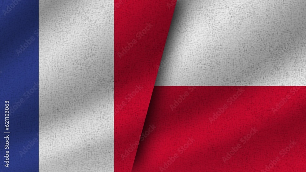 Poland and France Realistic Two Flags Together, 3D Illustration