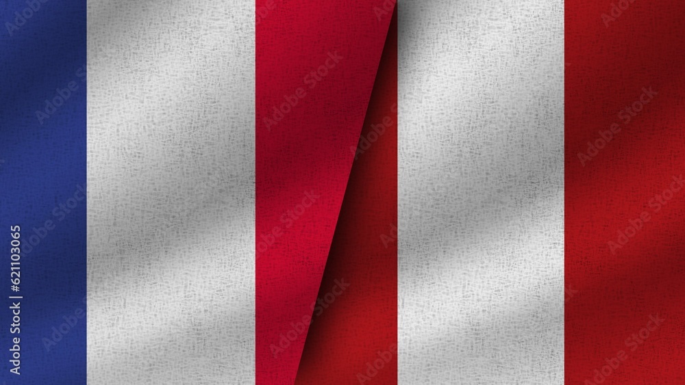 Peru and France Realistic Two Flags Together, 3D Illustration