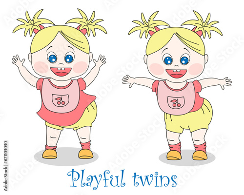 Playful blonde twin girls in panty bloomer  bib and loose socks. Cartoon vector illustration of cute characters on white background.
