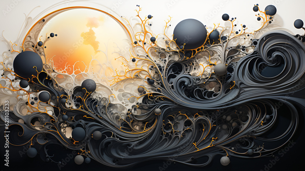 Enchanting Symmetry: Abstract and Intricate Line Art Blooms Against a Captivating Background, Creating a Mesmerizing Backdrop of Colors, Silver, Gold, and Black-White, Fit for Wallpaper, Generative AI