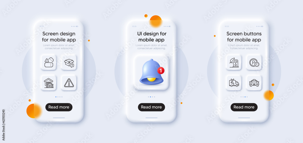 Car service, Garage and Secret package line icons pack. 3d phone mockups with bell alert. Glass smartphone screen. Tickets, Parking time, Warning web icon. Taxi, Petrol station pictogram. Vector Car service, Garage and Secret package line icons pack. 3d phone mockups with bell alert. Glass smartphone screen. Tickets, Parking time, Warning web icon. Taxi, Petrol station pictogram. Vector