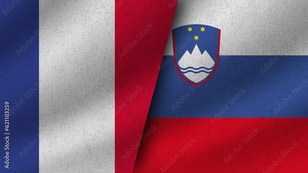 Slovenia and France Realistic Two Flags Together, 3D Illustration