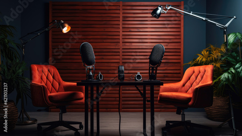 Studio interior for podcast and interview with two chairs photo