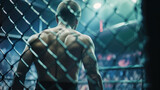 Close-up shot of MMA boxing athlete in the ring with cage