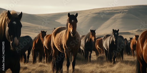 Wild horses in the field. Generative AI