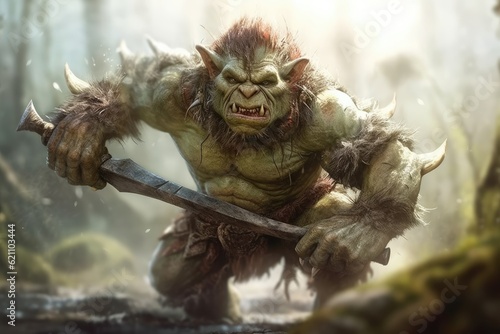 Orc, a monster from myth. An example of a fantasy. Pulling a sword is a goblin. made using generative AI tools