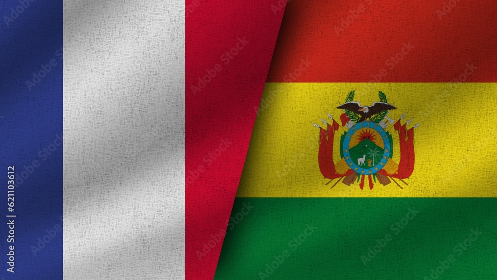 Bolivia and France Realistic Two Flags Together, 3D Illustration