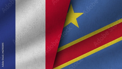 Democratic Republic of Congo and France Realistic Two Flags Together, 3D Illustration