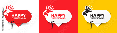 Happy thanksgiving tag. Speech bubble with megaphone and woman silhouette. Happy family holiday message. Autumn thank you day. Happy thanksgiving chat speech message. Woman with megaphone. Vector