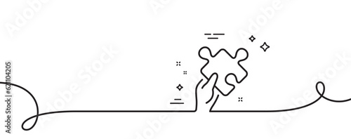 Give Puzzle line icon. Continuous one line with curl. Hold Jigsaw piece sign. Business challenge symbol. Puzzle single outline ribbon. Loop curve pattern. Vector