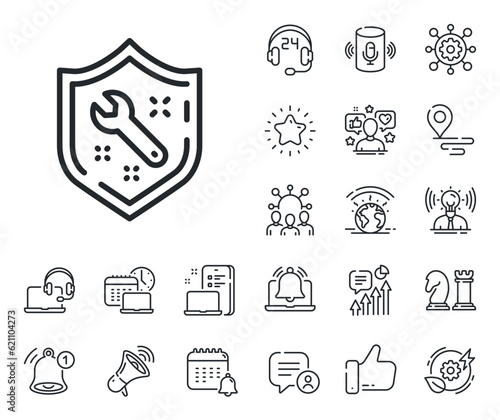 Repair service sign. Place location, technology and smart speaker outline icons. Spanner tool line icon. Shield protection symbol. Spanner line sign. Influencer, brand ambassador icon. Vector