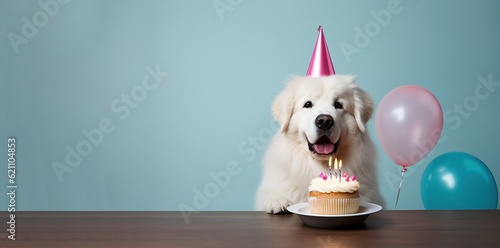 Great Pyrenees dog wearing a birthday hat waiting on a cake, canine  dog happy birthday, generative ai