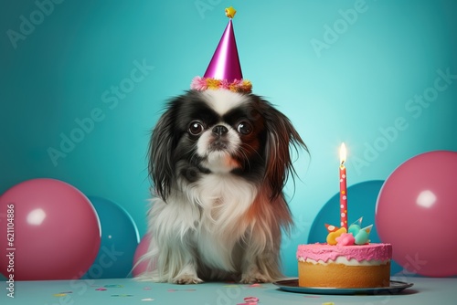 Fototapeta Japanese Chin dog wearing a birthday hat waiting on a cake, canine  dog happy bi
