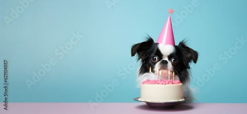Fotografie, Obraz Japanese Chin dog wearing a birthday hat waiting on a cake, canine  dog happy bi