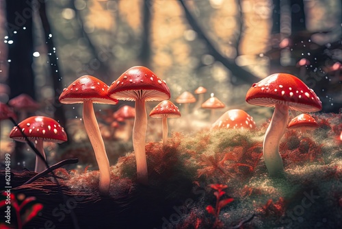 Just a few red agaricus mushrooms are seen up close in the woods. made using generative AI tools