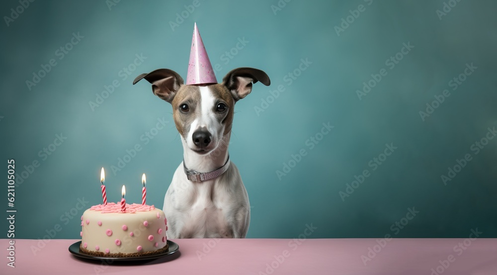 Whippet dog wearing a birthday hat waiting on a cake, canine  dog happy birthday, generative ai