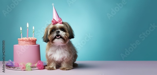Shih Tzu dog wearing a birthday hat waiting on a cake, canine  dog happy birthday, generative ai