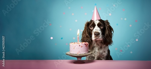   English springer spaniel dog wearing a birthday hat waiting on a cake, canine  dog happy birthday, generative ai