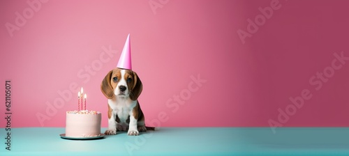 Beagle dog puppy wearing a birthday hat waiting on a cake, canine  dog happy birthday, generative ai
