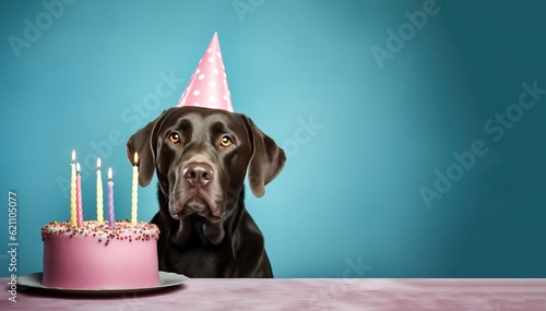 Labrador retriever dog wearing a birthday hat waiting on a cake, canine  dog happy birthday, generative ai